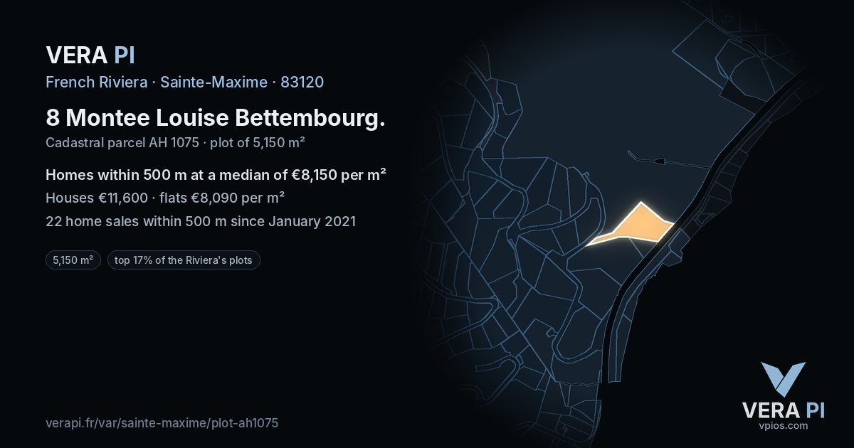 8 Montee Louise Bettembourg, Sainte-Maxime at night – the plot lit, the parcels around coloured by the prices near them