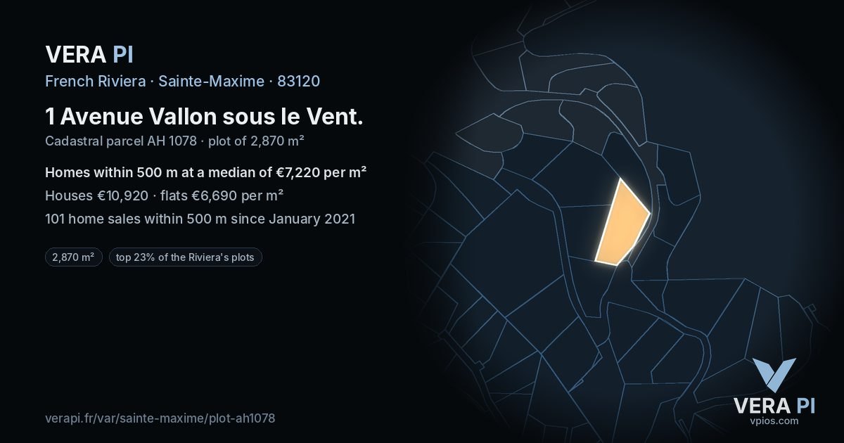 1 Avenue Vallon sous le Vent, Sainte-Maxime at night – the plot lit, the parcels around coloured by the prices near them