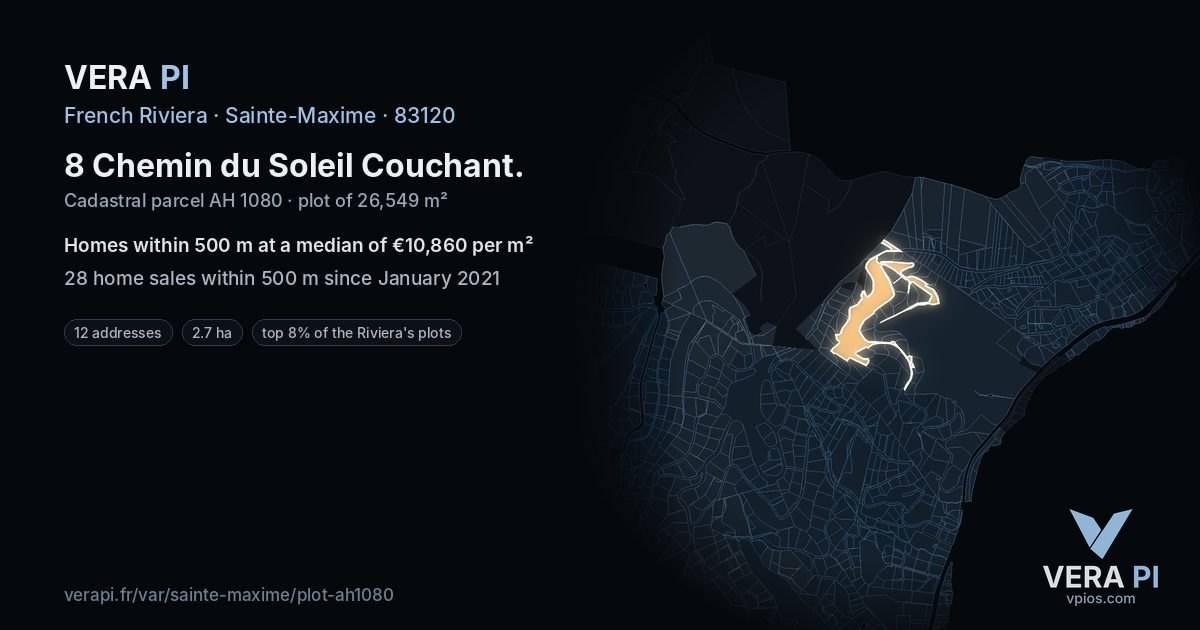 8 Chemin du Soleil Couchant, Sainte-Maxime at night – the plot lit, the parcels around coloured by the prices near them