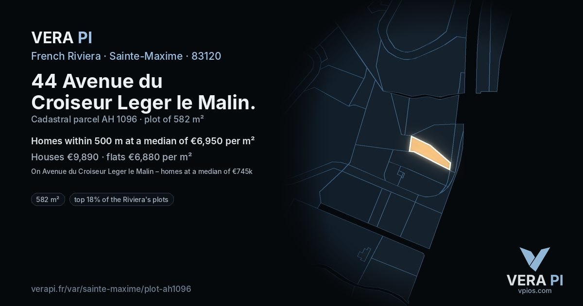 44 Avenue du Croiseur Leger le Malin, Sainte-Maxime at night – the plot lit, the parcels around coloured by the prices near them