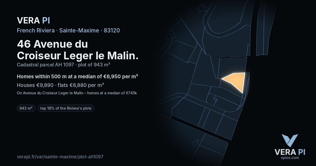 46 Avenue du Croiseur Leger le Malin, Sainte-Maxime at night – the plot lit, the parcels around coloured by the prices near them