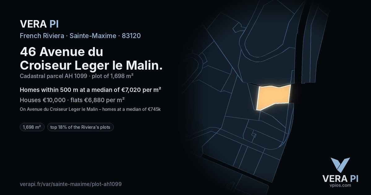 46 Avenue du Croiseur Leger le Malin, Sainte-Maxime at night – the plot lit, the parcels around coloured by the prices near them
