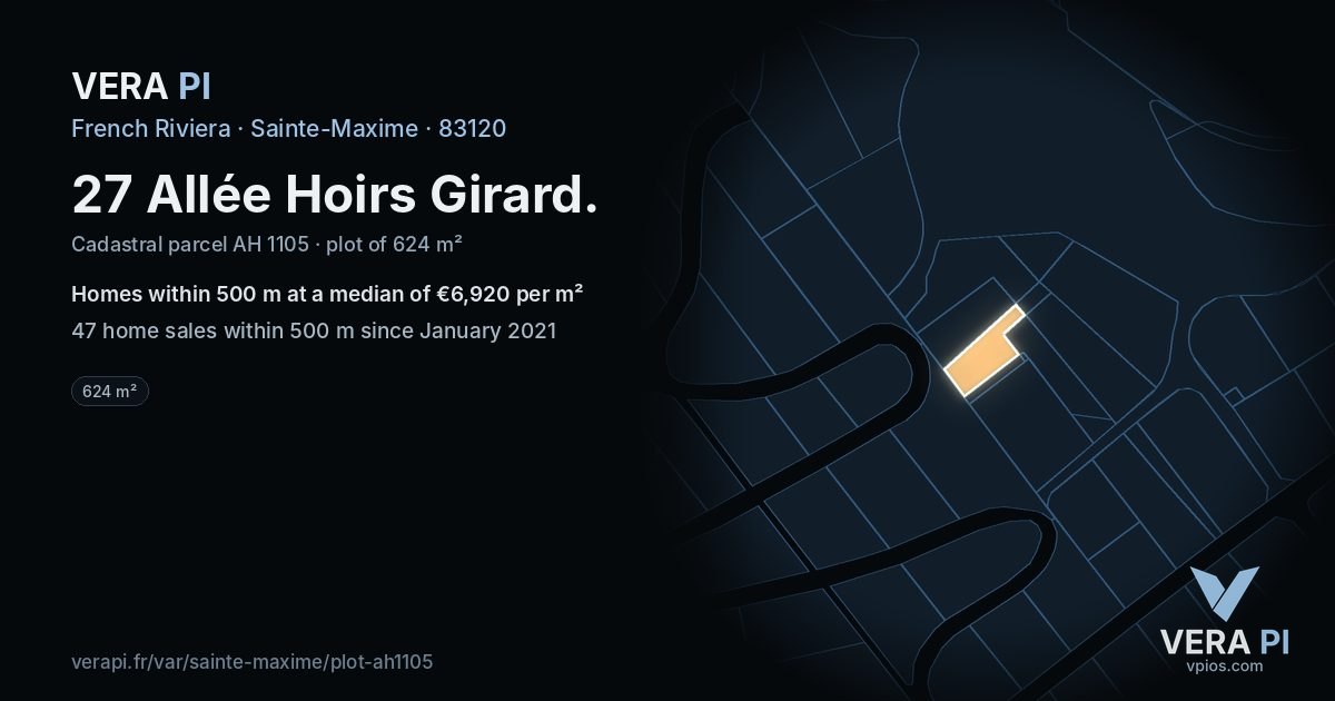 27 Allée Hoirs Girard, Sainte-Maxime at night – the plot lit, the parcels around coloured by the prices near them
