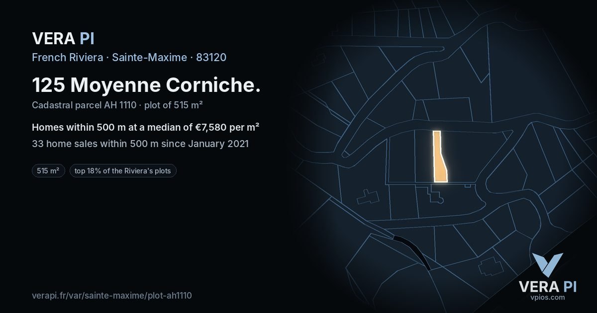 125 Moyenne Corniche, Sainte-Maxime at night – the plot lit, the parcels around coloured by the prices near them