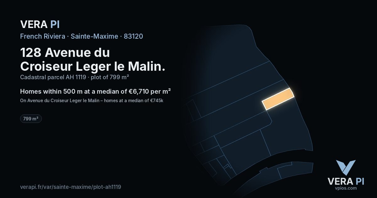 128 Avenue du Croiseur Leger le Malin, Sainte-Maxime at night – the plot lit, the parcels around coloured by the prices near them