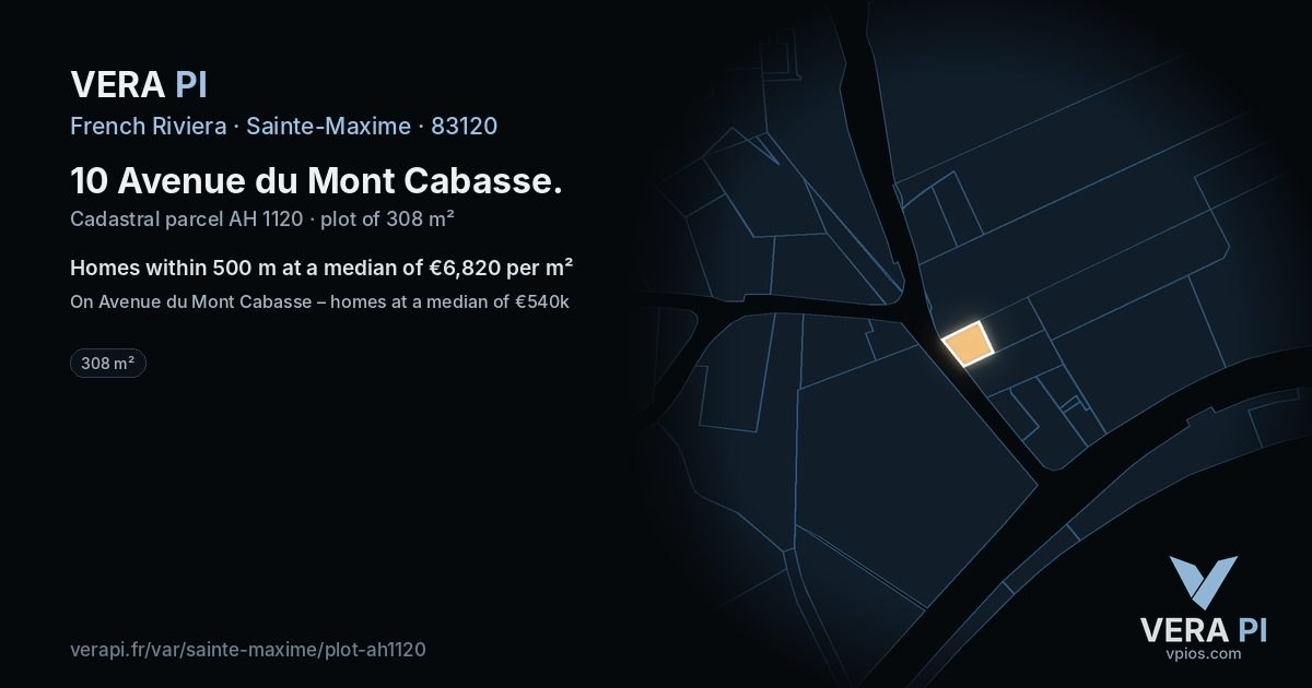 10 Avenue du Mont Cabasse, Sainte-Maxime at night – the plot lit, the parcels around coloured by the prices near them
