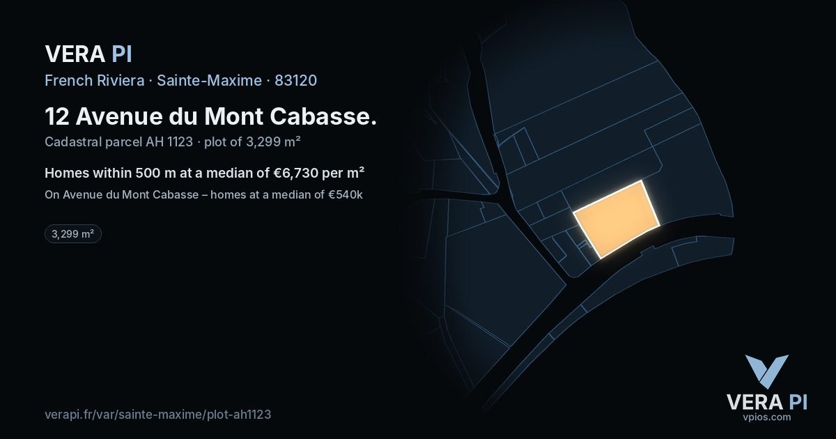 12 Avenue du Mont Cabasse, Sainte-Maxime at night – the plot lit, the parcels around coloured by the prices near them