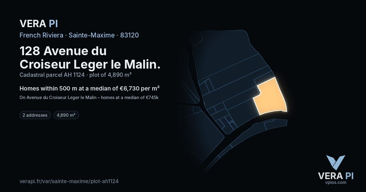 128 Avenue du Croiseur Leger le Malin, Sainte-Maxime at night – the plot lit, the parcels around coloured by the prices near them