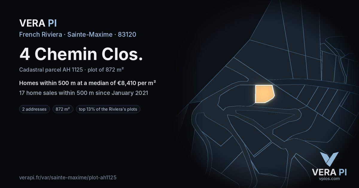 4 Chemin Clos, Sainte-Maxime at night – the plot lit, the parcels around coloured by the prices near them