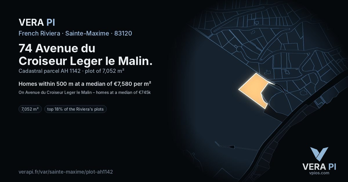 74 Avenue du Croiseur Leger le Malin, Sainte-Maxime at night – the plot lit, the parcels around coloured by the prices near them