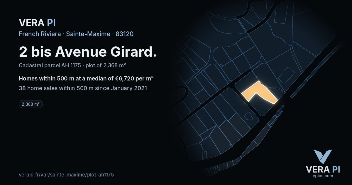 2 bis Avenue Girard, Sainte-Maxime at night – the plot lit, the parcels around coloured by the prices near them