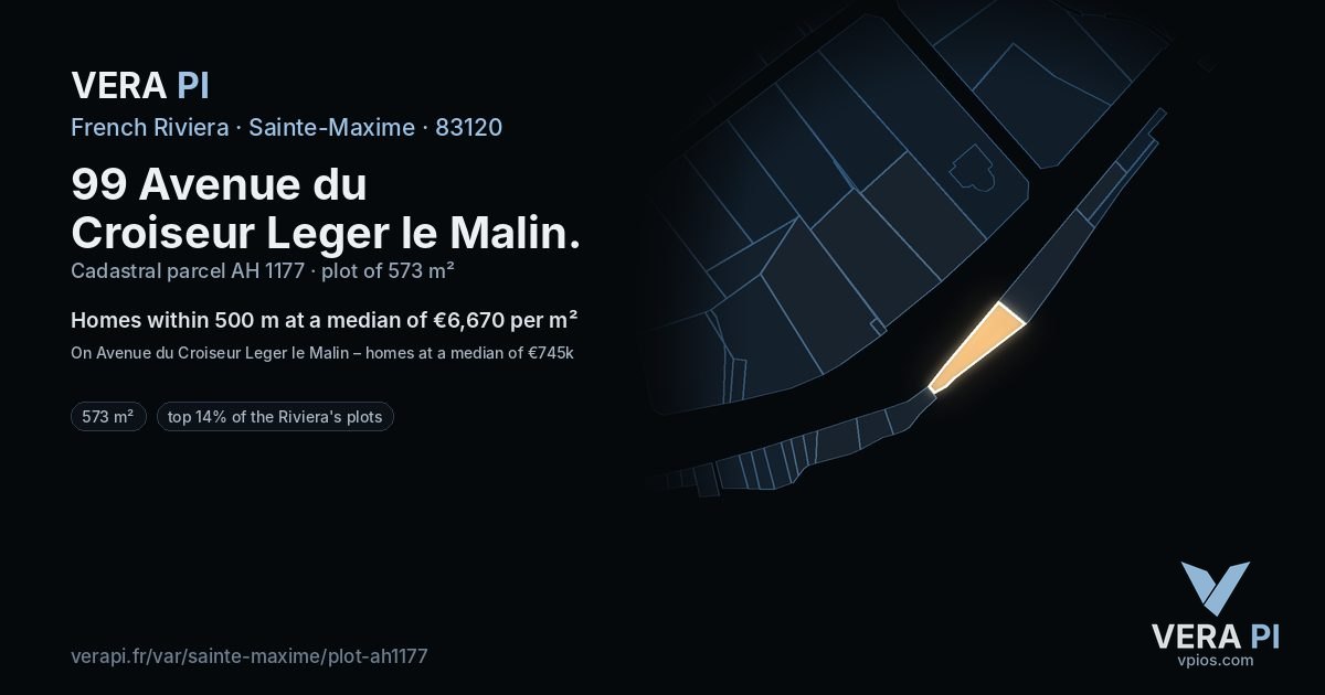 99 Avenue du Croiseur Leger le Malin, Sainte-Maxime at night – the plot lit, the parcels around coloured by the prices near them