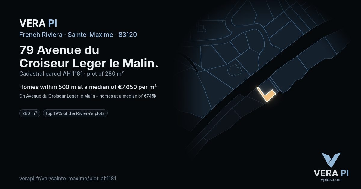 79 Avenue du Croiseur Leger le Malin, Sainte-Maxime at night – the plot lit, the parcels around coloured by the prices near them