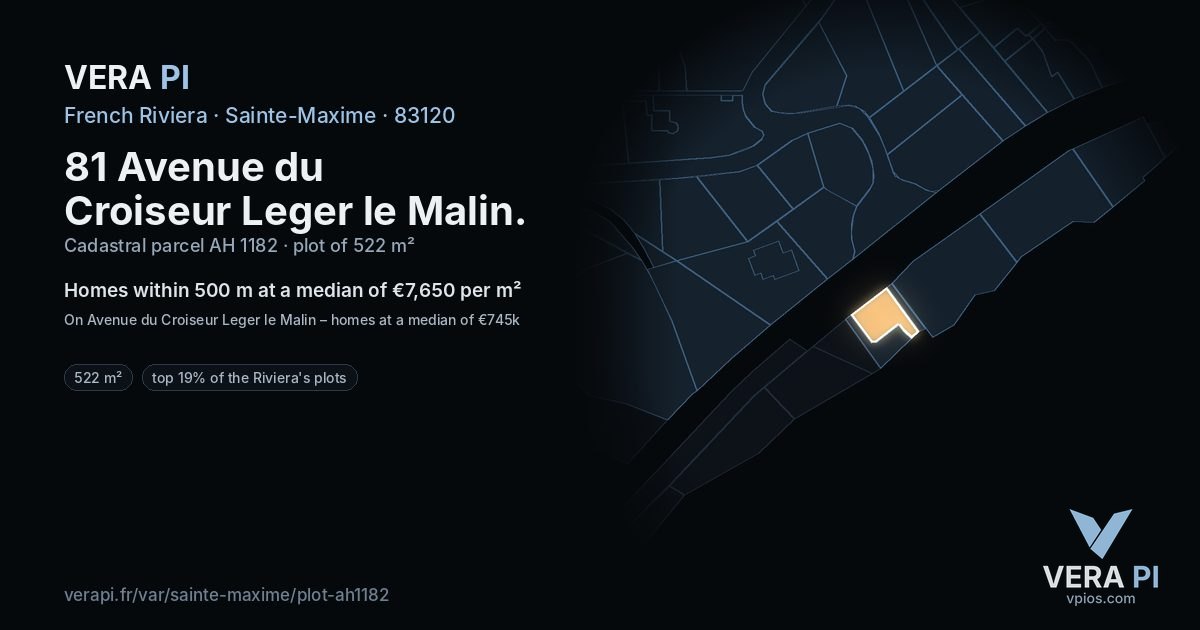 81 Avenue du Croiseur Leger le Malin, Sainte-Maxime at night – the plot lit, the parcels around coloured by the prices near them