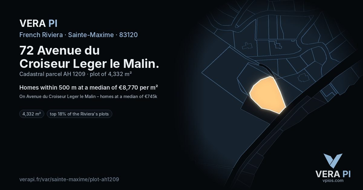 72 Avenue du Croiseur Leger le Malin, Sainte-Maxime at night – the plot lit, the parcels around coloured by the prices near them