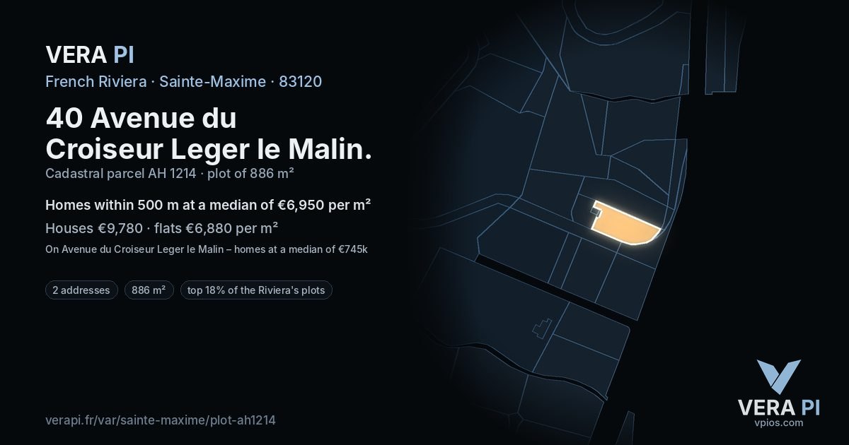 40 Avenue du Croiseur Leger le Malin, Sainte-Maxime at night – the plot lit, the parcels around coloured by the prices near them