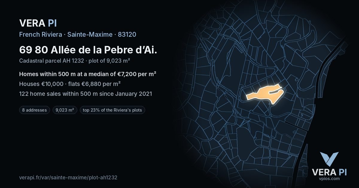 69 80 Allée de la Pebre d’Ai, Sainte-Maxime at night – the plot lit, the parcels around coloured by the prices near them