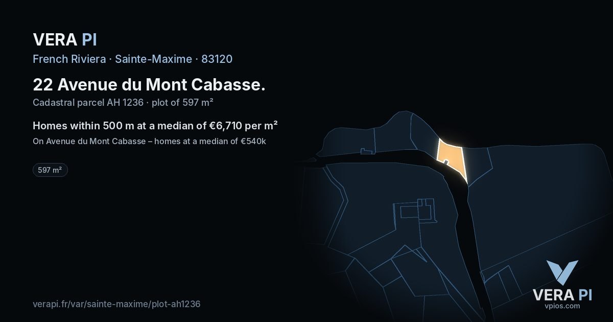 22 Avenue du Mont Cabasse, Sainte-Maxime at night – the plot lit, the parcels around coloured by the prices near them