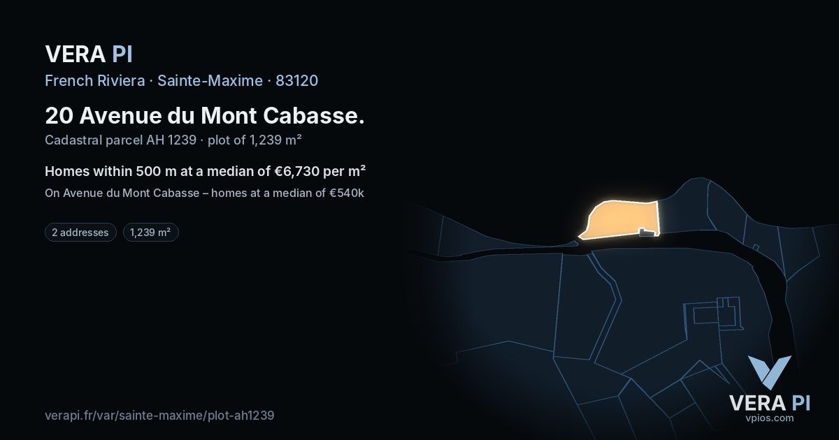 20 Avenue du Mont Cabasse, Sainte-Maxime at night – the plot lit, the parcels around coloured by the prices near them