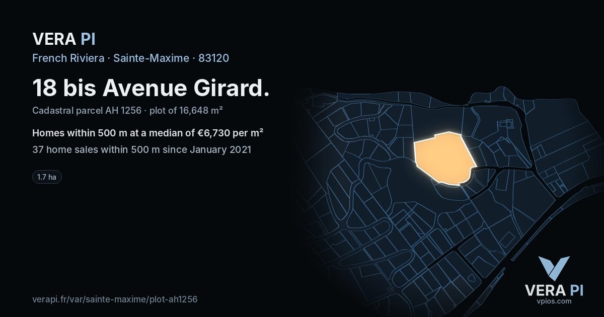 18 bis Avenue Girard, Sainte-Maxime at night – the plot lit, the parcels around coloured by the prices near them