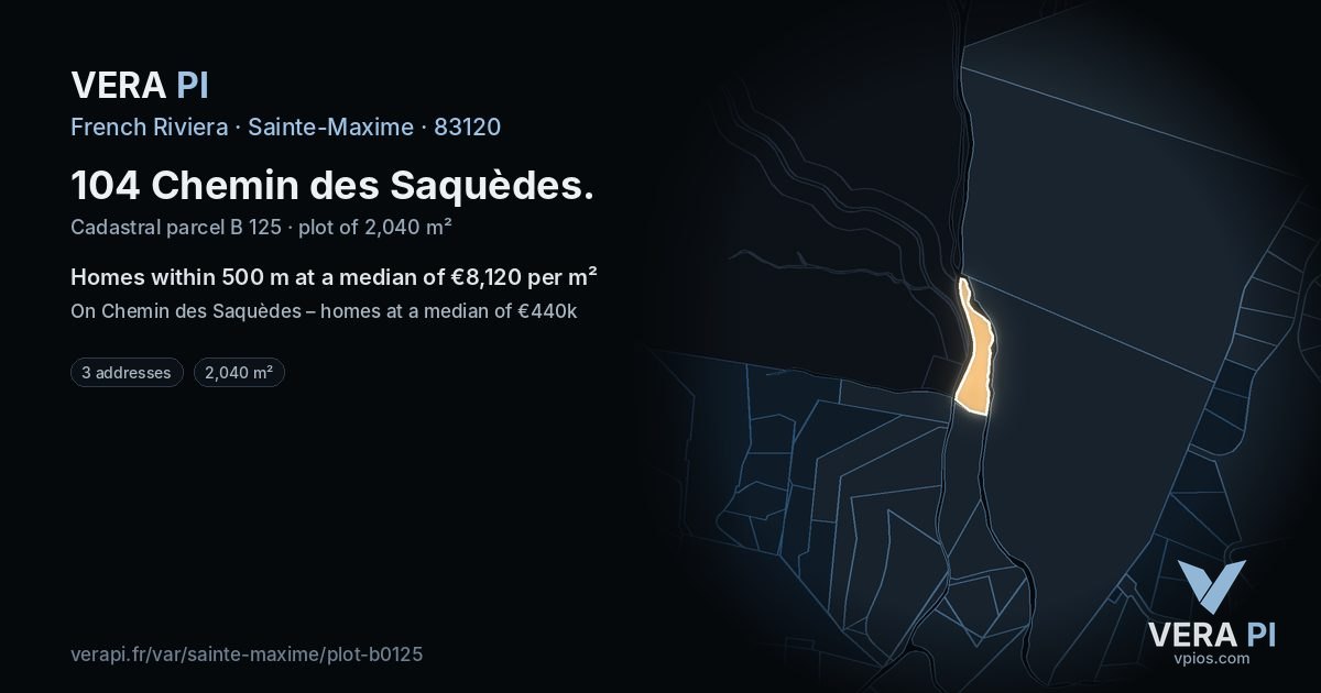 104 Chemin des Saquèdes, Sainte-Maxime at night – the plot lit, the parcels around coloured by the prices near them