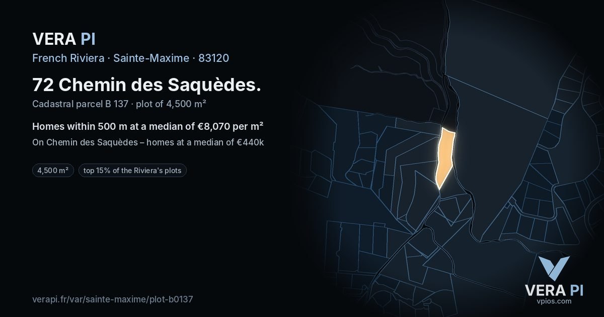 72 Chemin des Saquèdes, Sainte-Maxime at night – the plot lit, the parcels around coloured by the prices near them