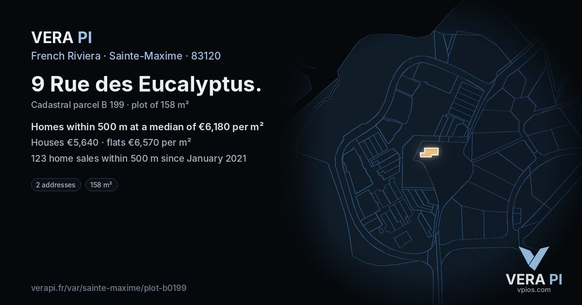 9 Rue des Eucalyptus, Sainte-Maxime at night – the plot lit, the parcels around coloured by the prices near them