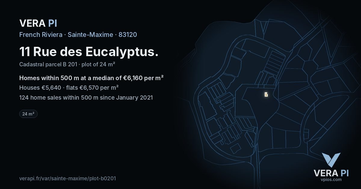 11 Rue des Eucalyptus, Sainte-Maxime at night – the plot lit, the parcels around coloured by the prices near them