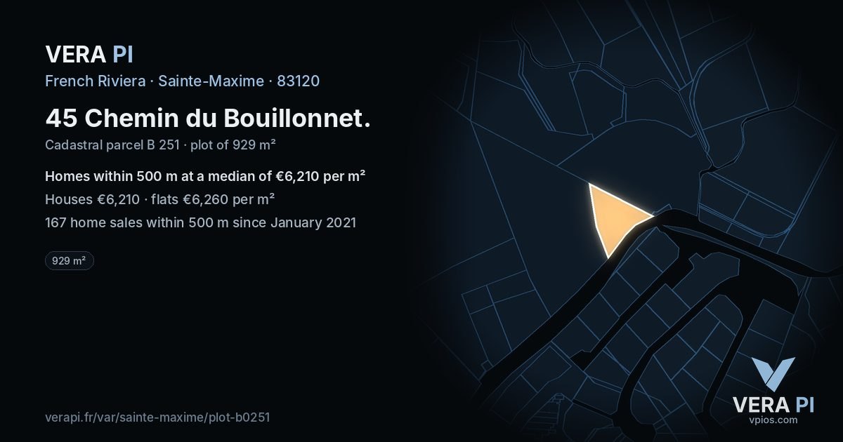 45 Chemin du Bouillonnet, Sainte-Maxime at night – the plot lit, the parcels around coloured by the prices near them