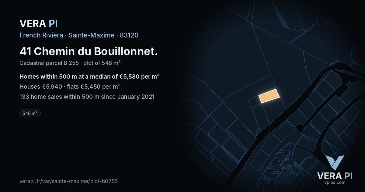 41 Chemin du Bouillonnet, Sainte-Maxime at night – the plot lit, the parcels around coloured by the prices near them
