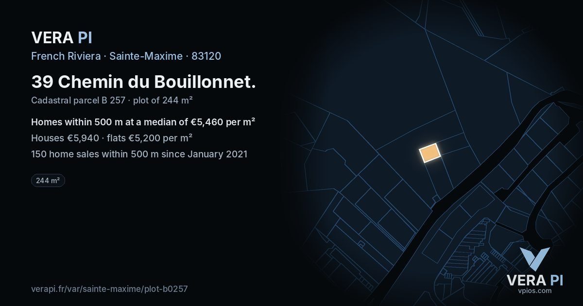 39 Chemin du Bouillonnet, Sainte-Maxime at night – the plot lit, the parcels around coloured by the prices near them