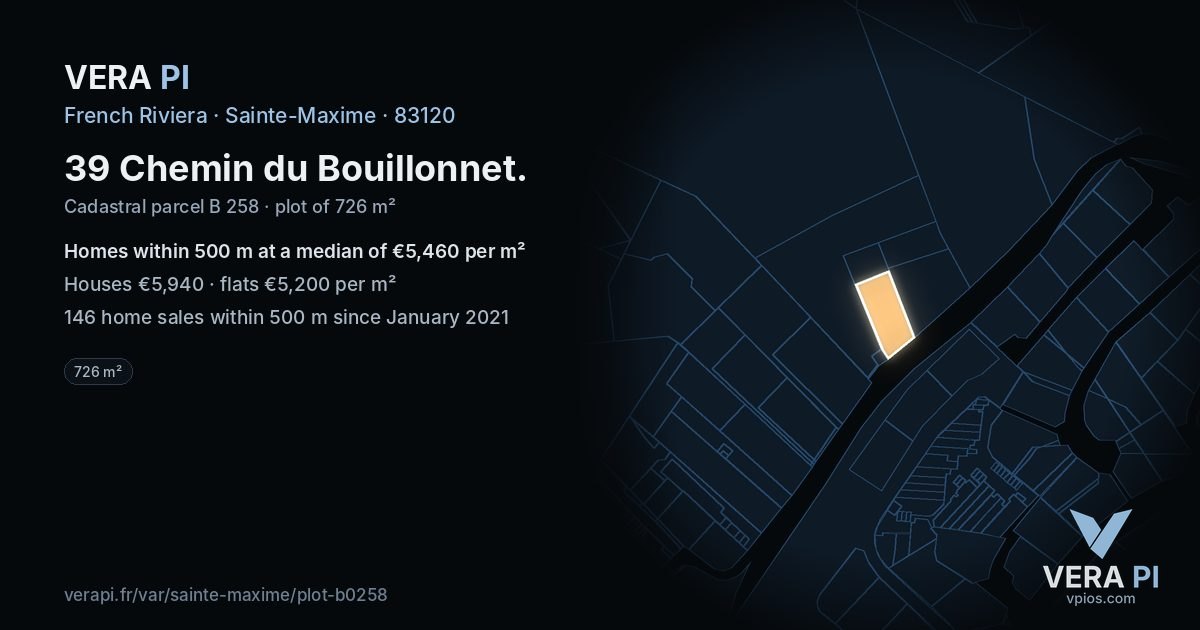 39 Chemin du Bouillonnet, Sainte-Maxime at night – the plot lit, the parcels around coloured by the prices near them