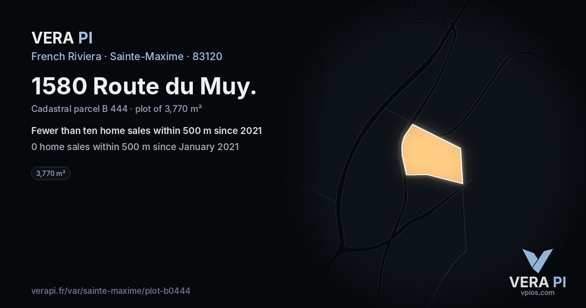 1580 Route du Muy, Sainte-Maxime at night – the plot lit, the parcels around coloured by the prices near them