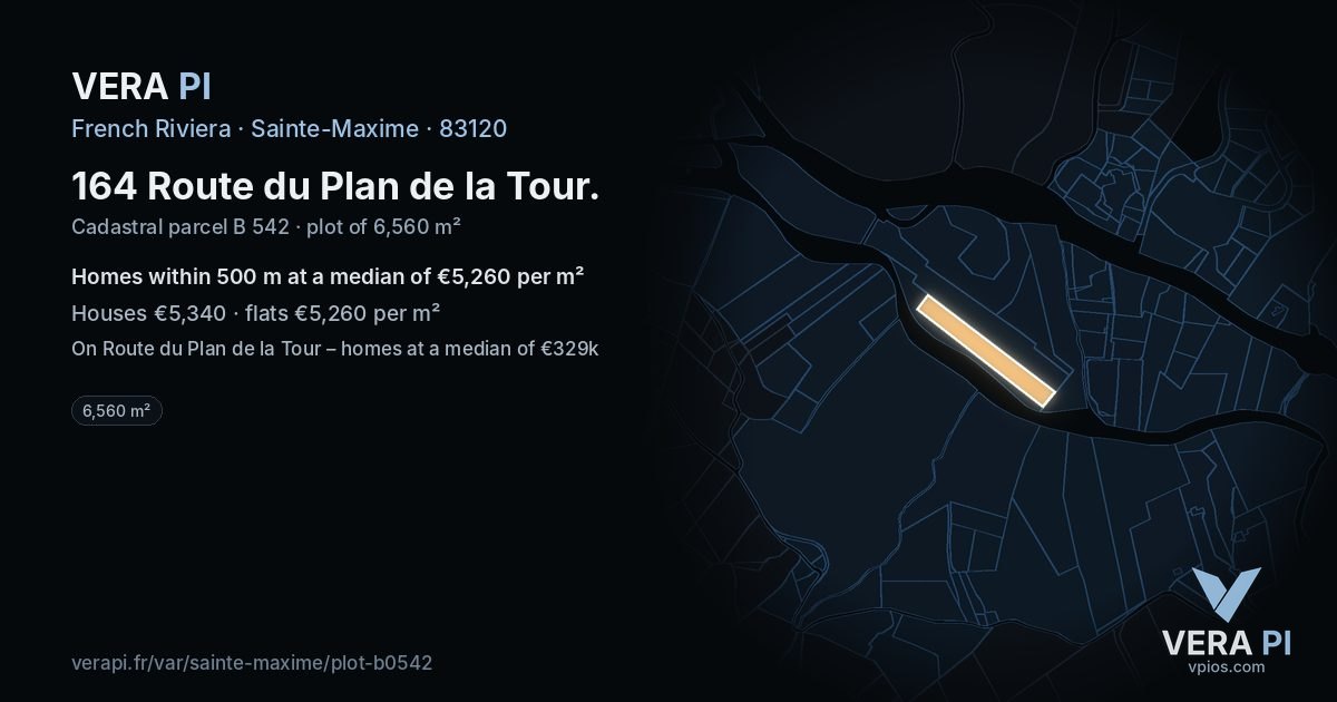 164 Route du Plan de la Tour, Sainte-Maxime at night – the plot lit, the parcels around coloured by the prices near them
