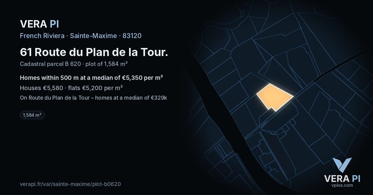61 Route du Plan de la Tour, Sainte-Maxime at night – the plot lit, the parcels around coloured by the prices near them