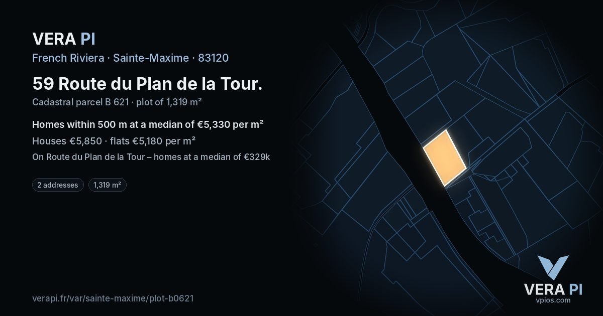 59 Route du Plan de la Tour, Sainte-Maxime at night – the plot lit, the parcels around coloured by the prices near them