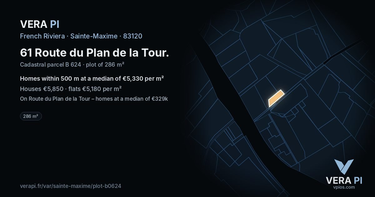 61 Route du Plan de la Tour, Sainte-Maxime at night – the plot lit, the parcels around coloured by the prices near them