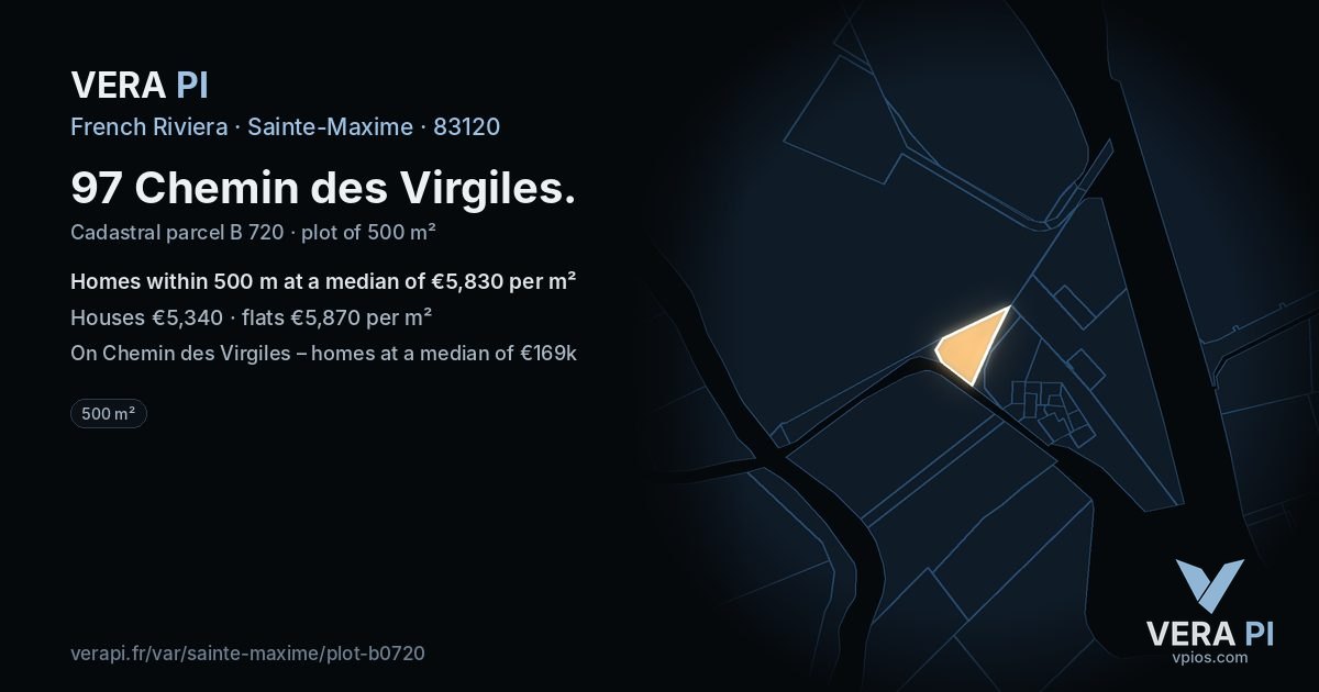 97 Chemin des Virgiles, Sainte-Maxime at night – the plot lit, the parcels around coloured by the prices near them