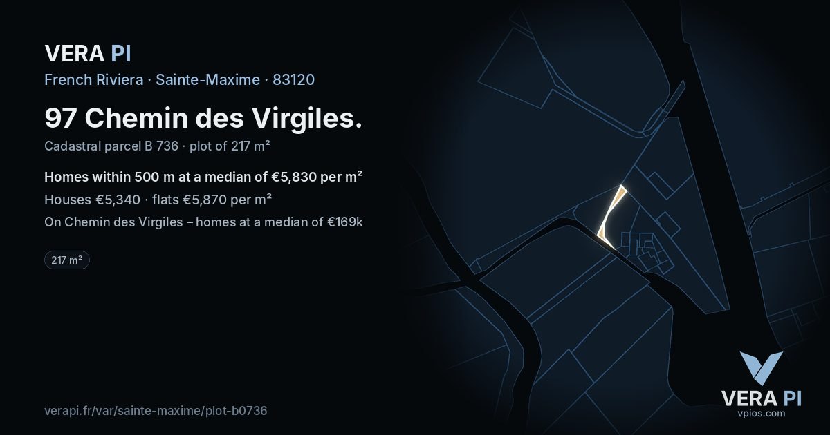 97 Chemin des Virgiles, Sainte-Maxime at night – the plot lit, the parcels around coloured by the prices near them