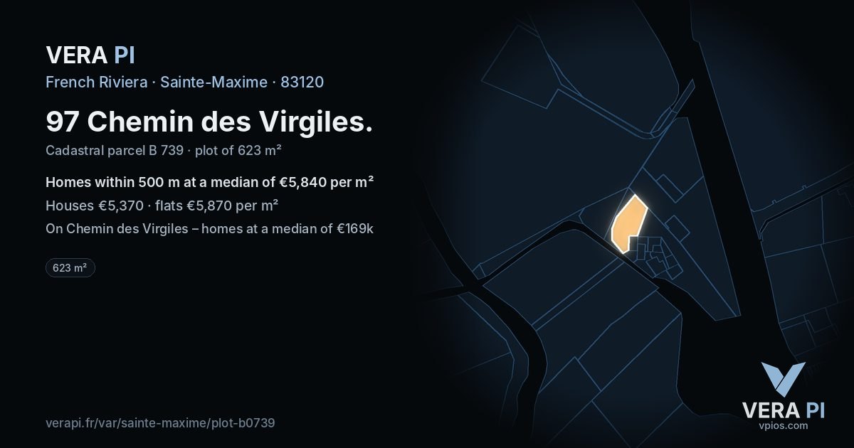 97 Chemin des Virgiles, Sainte-Maxime at night – the plot lit, the parcels around coloured by the prices near them