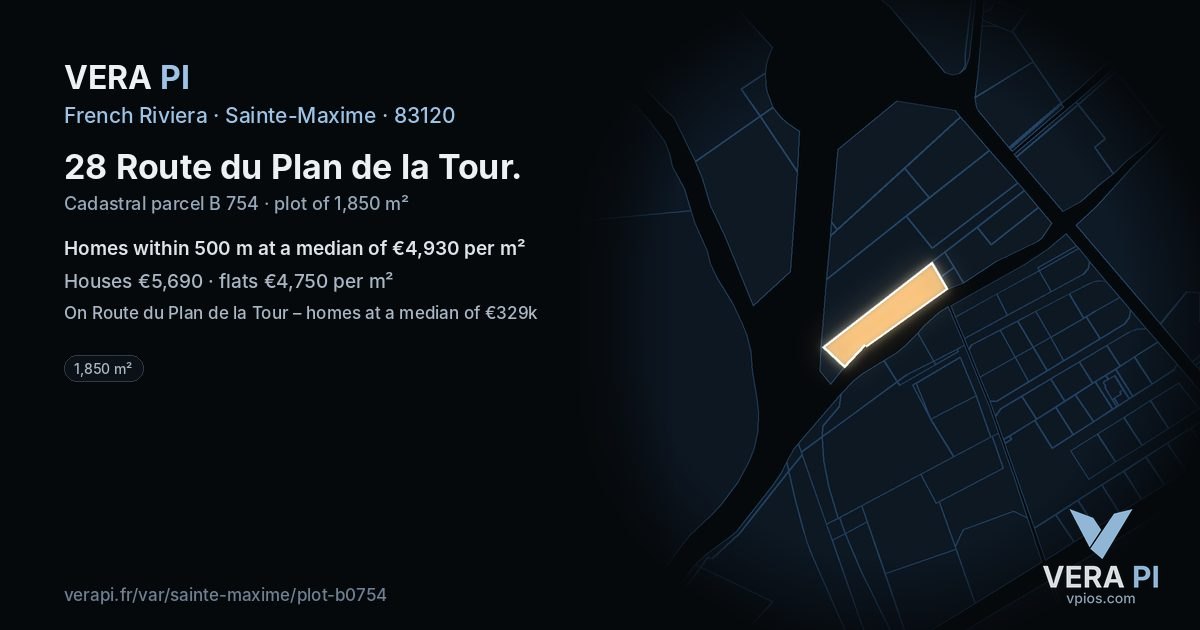 28 Route du Plan de la Tour, Sainte-Maxime at night – the plot lit, the parcels around coloured by the prices near them