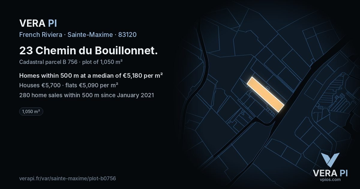 23 Chemin du Bouillonnet, Sainte-Maxime at night – the plot lit, the parcels around coloured by the prices near them