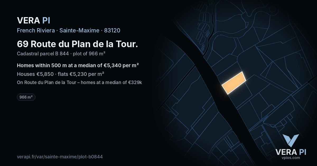 69 Route du Plan de la Tour, Sainte-Maxime at night – the plot lit, the parcels around coloured by the prices near them