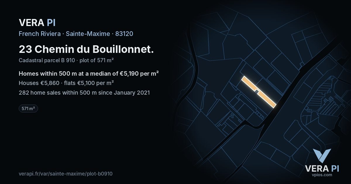 23 Chemin du Bouillonnet, Sainte-Maxime at night – the plot lit, the parcels around coloured by the prices near them