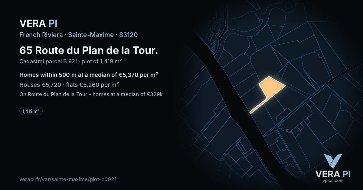 65 Route du Plan de la Tour, Sainte-Maxime at night – the plot lit, the parcels around coloured by the prices near them