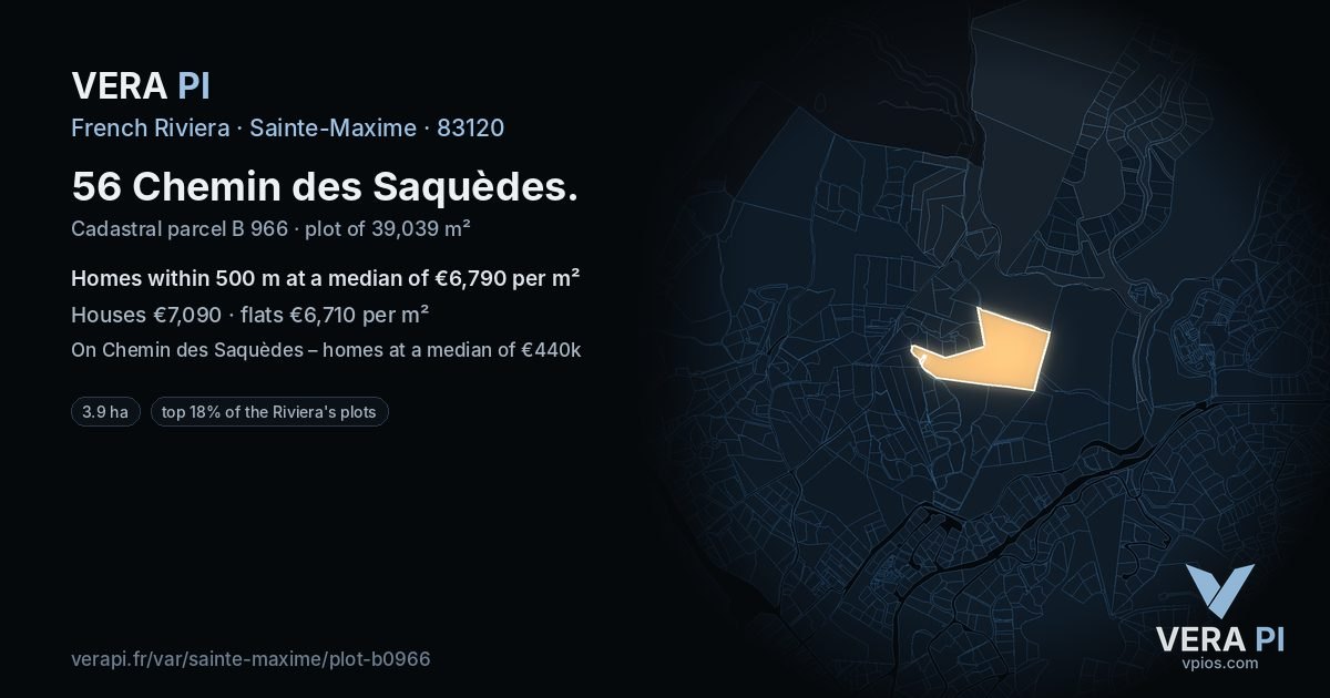 56 Chemin des Saquèdes, Sainte-Maxime at night – the plot lit, the parcels around coloured by the prices near them