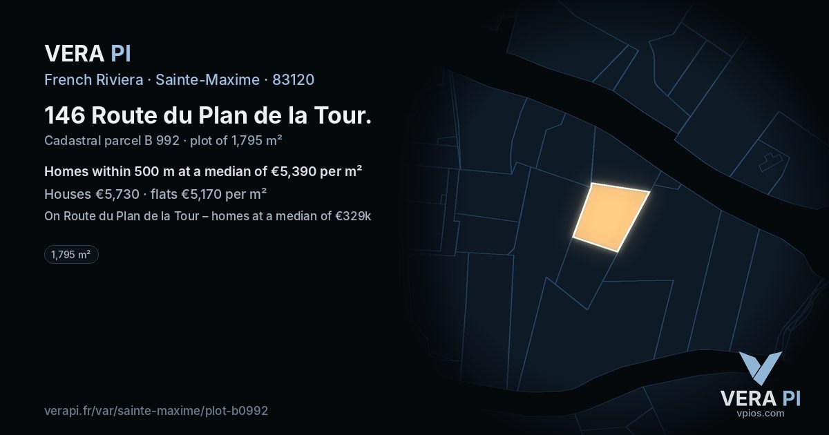 146 Route du Plan de la Tour, Sainte-Maxime at night – the plot lit, the parcels around coloured by the prices near them
