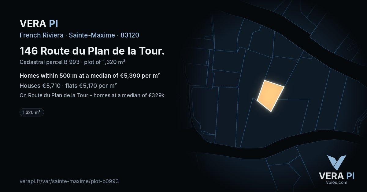 146 Route du Plan de la Tour, Sainte-Maxime at night – the plot lit, the parcels around coloured by the prices near them