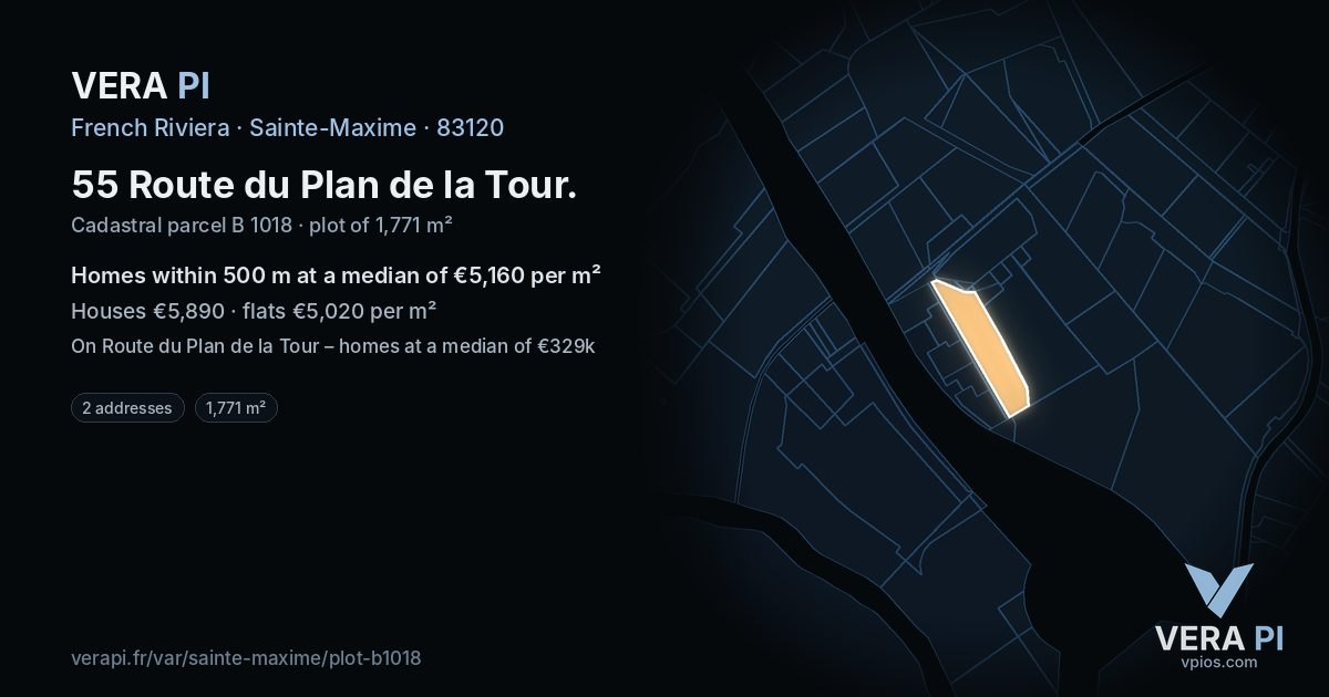 55 Route du Plan de la Tour, Sainte-Maxime at night – the plot lit, the parcels around coloured by the prices near them