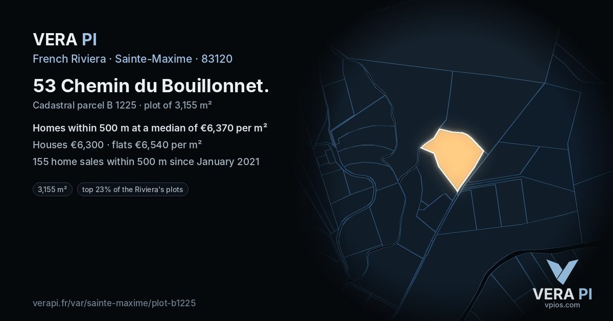 53 Chemin du Bouillonnet, Sainte-Maxime at night – the plot lit, the parcels around coloured by the prices near them